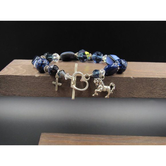 Jewelry - 8" Sterling Silver Horse Charm Blue Glass Bracelet Vintage Wedding Engagement